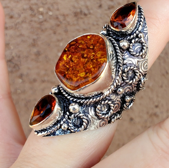 New Baltic Amber & Citrine 925 Silver Statement Ring. - Picture 12 of 13